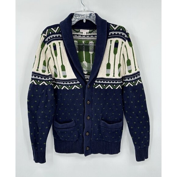 SHAWL COLLAR CARDIGAN SWEATER canoe oars fisherman nautical 100% cotton heavy S - Picture 2 of 7